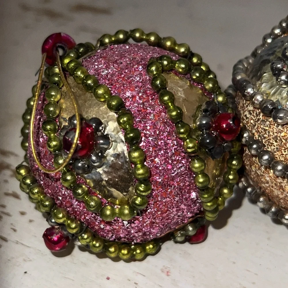Vintage Mercury glass Beaded Sequined Christmas Ornaments Set balls